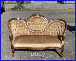 Antique Victorian Swoop Carved Settee Sofa Loveseat Tufted Couch Gold French Old