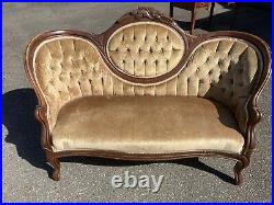Antique Victorian Swoop Carved Settee Sofa Loveseat Tufted Couch Gold French Old