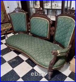Antique Victorian Triple Back Settee Sofa Green