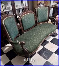 Antique Victorian Triple Back Settee Sofa Green