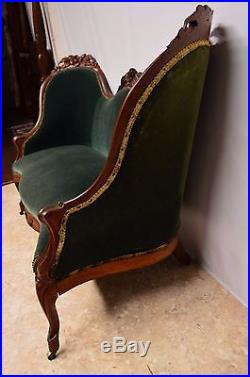 Antique Victorian Walnut 4 PC Parlor Set Settee Arm Chair 2 Side Chairs Green