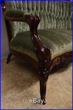 Antique Victorian Walnut Carved Rococo Revival Tufted Settee Loveseat