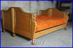 Antique Victorian Walnut Sofa Bed Gothic Revival Tufted Figural Lion Heads Paw