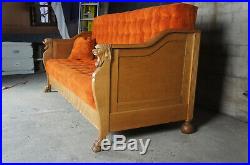 Antique Victorian Walnut Sofa Bed Gothic Revival Tufted Figural Lion Heads Paw