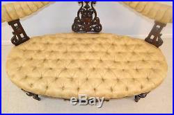 Antique Victorian Walnut Upholstered Parlor Settee Carved Details