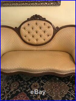 Antique Victorian Yellow Tufted Sofa Couch, Cameo Back