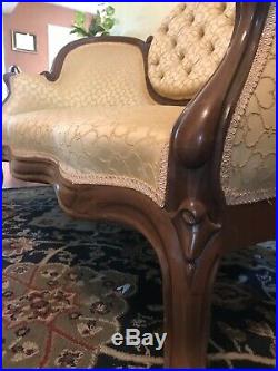 Antique Victorian Yellow Tufted Sofa Couch, Cameo Back