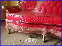Antique Victorian style red settet ivory colored carved wood