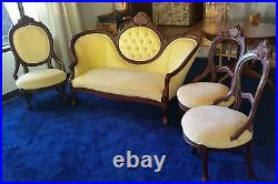 Antique Victorian style yellow tufted cameo parlor sofa & three chairs can ship
