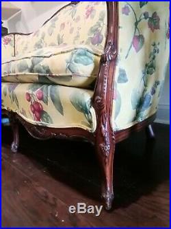 Antique Vintage Louis XV Styled Loveseat / Sofa / Settee. Carved Oak Wood Frame