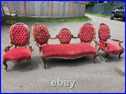 Antique Walnut Red Velvet Parlor Set Sofa Chairs Victorian Cameo Tufted Carved