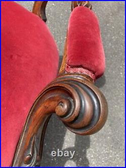 Antique Walnut Red Velvet Parlor Set Sofa Chairs Victorian Cameo Tufted Carved