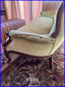 Antique Walnut and Light Green Velvet Victorian Button Tufted Curved Sofa