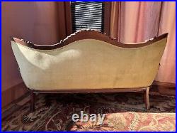 Antique Walnut and Light Green Velvet Victorian Button Tufted Curved Sofa
