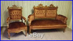 Antique Wood Carved Victorian Upholstered Settee Sofa and Matching Chair