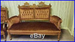 Antique Wood Carved Victorian Upholstered Settee Sofa and Matching Chair