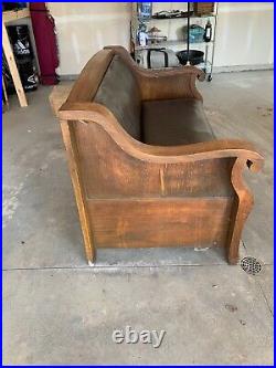 Antique Wood and Brown Leather Couch