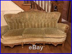 Antique sofa set, olive green, hand carved wood, 3 piece. Located in Kansas