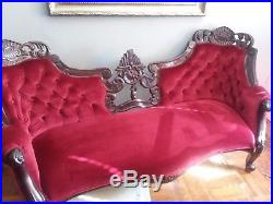 Antique velvet Victorian Carved 5 PIECE Loveseat, Sofa, chair, ottoman and table