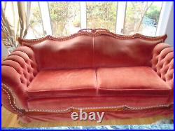 Antique vintage victorian sofa red tufted velvet carved wood trim 86 inch length
