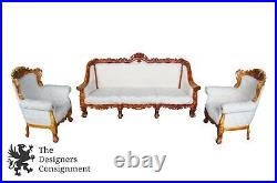 Antiqued Baroque Rococo High Relief Carved Set Settee & Chairs Continental Sofa