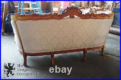 Antiqued Baroque Rococo High Relief Carved Settee Continental Sofa Brocade Seat