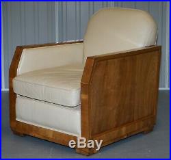 Art Deco Harry & Lou Epstein Walnut & Cream Leather Suite Sofa & Armchairs Pair