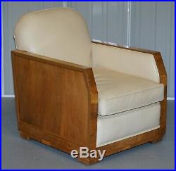 Art Deco Harry & Lou Epstein Walnut & Cream Leather Suite Sofa & Armchairs Pair