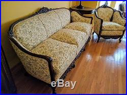 BEAUTIFUL Antique Carved Re-Upholstered Sofa/Couch and Chair Set