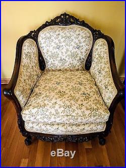 BEAUTIFUL Antique Carved Re-Upholstered Sofa/Couch and Chair Set