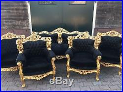 Baroque Living Room Set In Black Velvet With Gold Leaf Frame Sofa + 4 Chairs