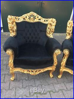 Baroque Living Room Set In Black Velvet With Gold Leaf Frame Sofa + 4 Chairs