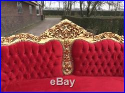 Baroque Living Room Set In Red Velvet With Gold Leaf Frame Sofa With 2 Chairs