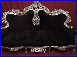 Baroque Sofa In Black Velvet With Silver Frame Two Chairs Also Available