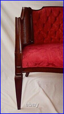 Beautiful Vintage Settee, Wooden, Cane, Fine Red Upholstery FREE UPS SHIPPING