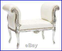 Bench bench Wood Leaf Silver Style Louis Xv Eco-leather White