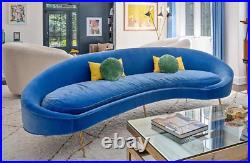 Blue velvet mid-century custom couch crescent shaped