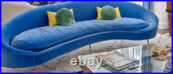 Blue velvet mid-century custom couch crescent shaped