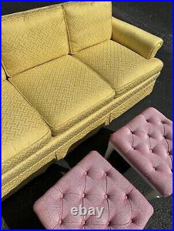 Bright Yellow Fretwork Silk Upholstery Sofa Hollywood Regency Grandmillenial