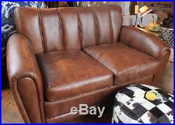 Brown Leather Club Sofa Chair 2 Seater Vintage Styling Art Deco style