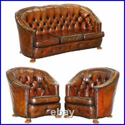 Brown Leather Curved Back Chesterfield Suite Sofa Armchairs Lion Hairy Paw Feet