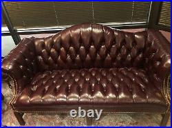 Burgundy Leather Chippendale Camelback Sofa (2 available)