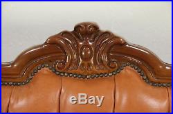 Carved Fruitwood Vintage Wing Back 3 Cushion Sofa, Tufted Leather, Italy #28987