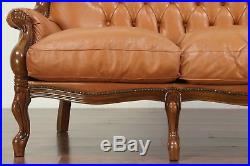 Carved Fruitwood Vintage Wing Back 3 Cushion Sofa, Tufted Leather, Italy #28987