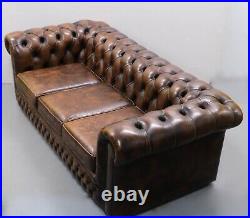 Chesterfield Brown Leather Sofa Filled Cushions