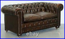 Chesterfield Brown Leather Two Seat Sofa Coil Sprung Feather Filled Cushions 2