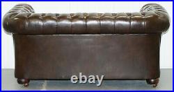 Chesterfield Brown Leather Two Seat Sofa Coil Sprung Feather Filled Cushions 2