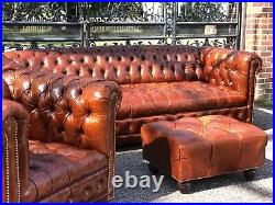 Chesterfield Sofa and Club Chairs, Tufted Leather Root Beer Brown