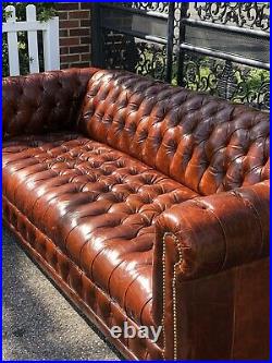Chesterfield Sofa and Club Chairs, Tufted Leather Root Beer Brown