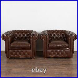 Chesterfield Style Brown Leather 3 Seat Sofa & 2 Club Chairs, circa 1920-40
